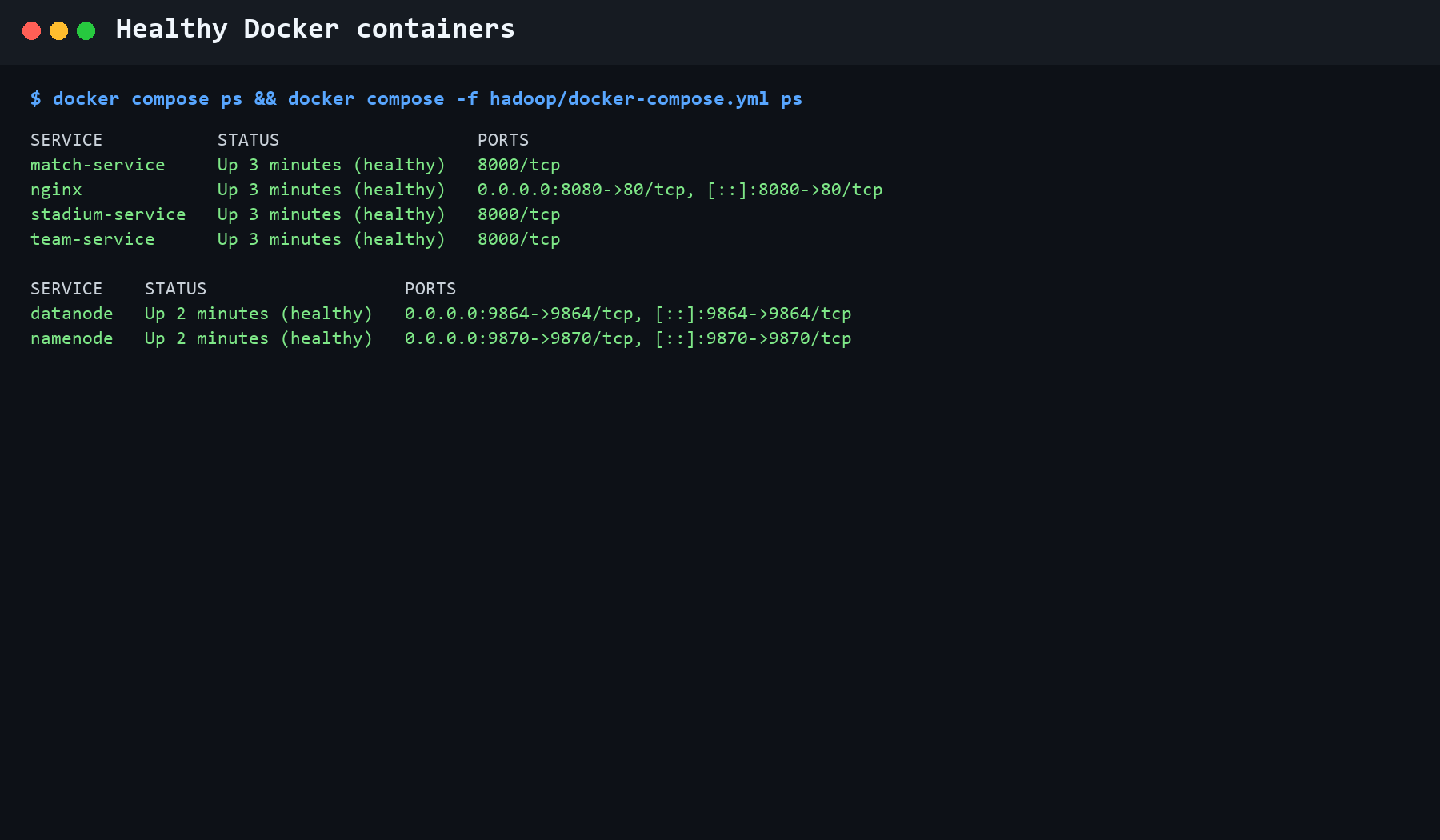 Terminal showing the Nginx gateway, three FastAPI services, and HDFS containers running healthy